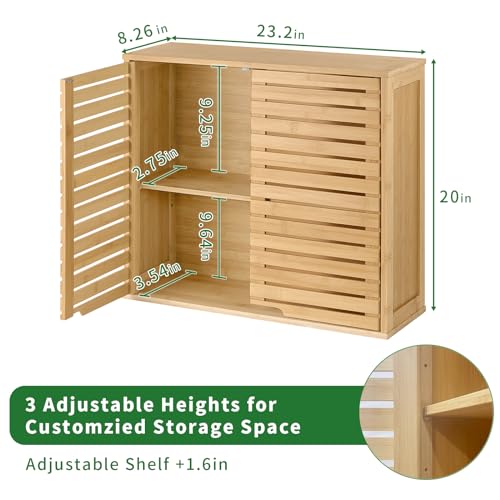 HYNAWIN Bamboo 2 Tier Bathroom Wall Cabinet with Adjustable Shelf, Double Door Cabinet for Bathroom, Living Room (20.28'' Height) HYNAWIN