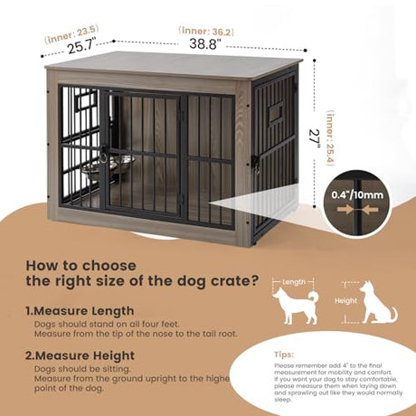 38 Inch Heavy Duty Dog Crate Furniture for Medium Dogs, Decorative Pet House End Table with 3 Doors & Adjustable Bowls, Wooden Cage Kennel Furniture Indoor, Rustic Grey Gardner Pet
