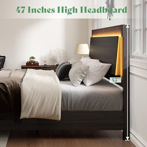 AMERLIFE Rustic Black King Bed Frame with LED Headboard - Stylish Platform Bed with Wooden Slats Support, No Box Spring Needed AMERLIFE