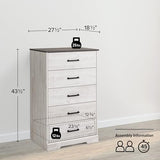 Prepac Rustic Ridge Farmhouse Dresser, Washed White Dresser for Bedroom, Chest of Drawers with 5 Drawers 18.5" D x 27.5" W x 43.5" H, ABDR-1605-1 Prepac