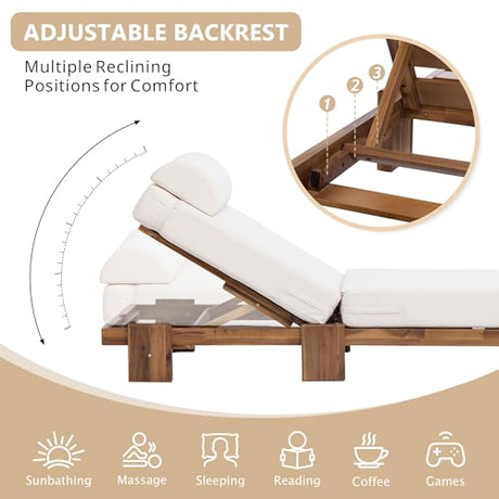 Acacia Wood Outdoor Patio Chaise Lounge Chair, All Weather Reclining Chairs Lounge Chairs with Adjustable Reclining Backrest and Cushions for Terrace, Poolside, Garden, and Beach (Beige-1.26) VilroCaz
