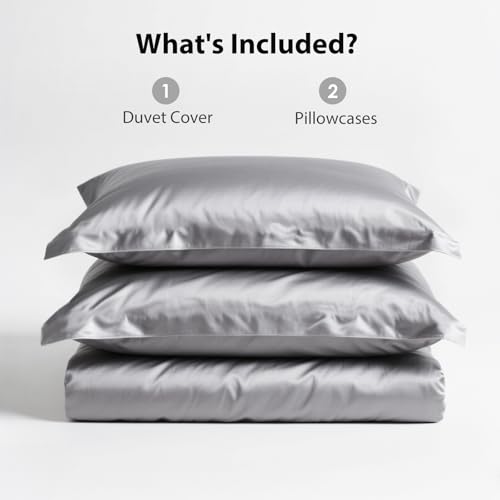 TodaFre Silver Grey Satin Duvet Cover King Size Set, 3 Pieces Ultra Soft Bedding Set - 1 Lightweight Duvet Cover 104x90 Inches with Zipper Closure, 2 Pillowcases TodaFre