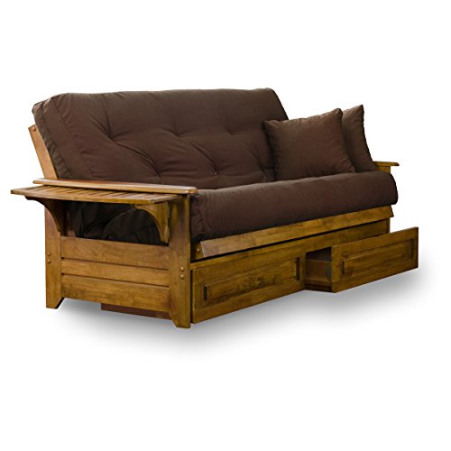 Nirvana Futons Brentwood Tray Arm Futon Frame, Drawers, and Microfiber Fudge Mattress Set - Full, Heritage Finish Nirvana Futons