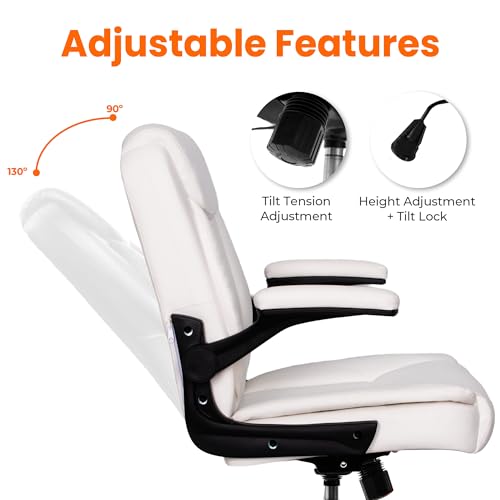 NEO CHAIR Office Desk Computer Chair Ergonomic Executive Mid-Back Leather Gaming Chair with Adjustable Flip-Up Armrests Wheels Swivel for Home Study Task (White) NEO CHAIR