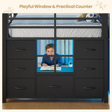 BTHFST Low Loft Bed Twin Size with Stairs & LED Lights, Kids Loft Bed with 7 Storage Drawers & 3 Open Cubbies & Handy Clothes Rail, Twin Loft Bed with Safety Guardrail, Under-Bed Play Area, Black BTHFST