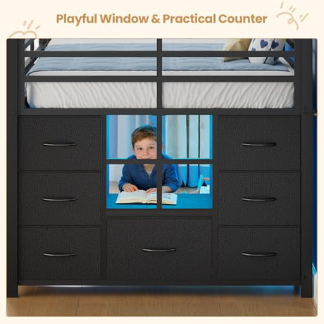 BTHFST Low Loft Bed Twin Size with Stairs & LED Lights, Kids Loft Bed with 7 Storage Drawers & 3 Open Cubbies & Handy Clothes Rail, Twin Loft Bed with Safety Guardrail, Under-Bed Play Area, Black BTHFST