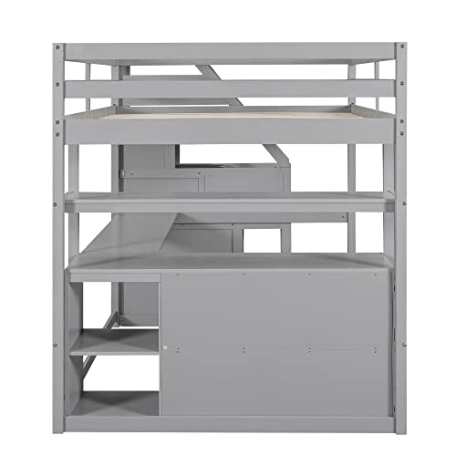 Harper & Bright Designs Grey Full Size Loft Bed with Desk, Storage Stairs, and Shelves - WoodArtSupply