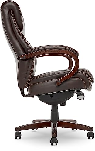 La-Z-Boy Bellamy Executive Office Chair with Memory Foam Cushions, Solid Wood Arms and Base, Waterfall Seat Edge, Bonded Leather, Brown - WoodArtSupply