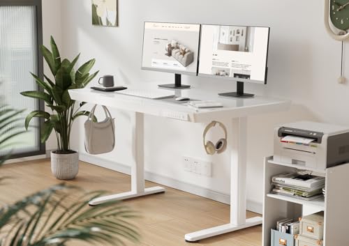 Claiks Glass Standing Desk with Drawers, 48×24 Inch Adjustable Stand Up Desk, Quick Install Home Office Computer Desk with USB Ports, White Claiks