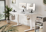 Claiks Glass Standing Desk with Drawers, 48×24 Inch Adjustable Stand Up Desk, Quick Install Home Office Computer Desk with USB Ports, White Claiks
