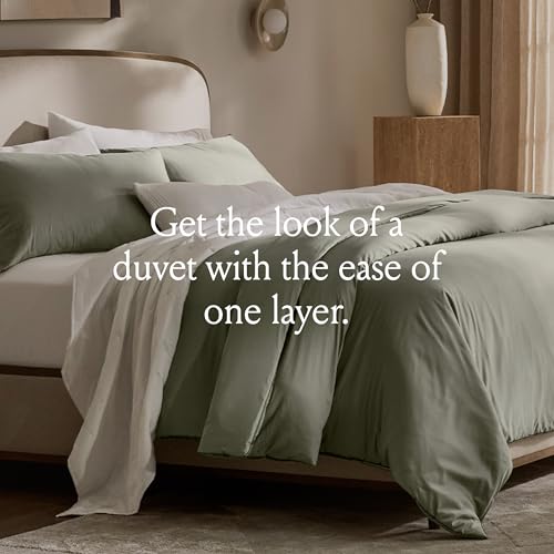 BOLL & BRANCH Signature Comforter Set - Full/Queen, Sageleaf - Duvet Insert and Cover in One Layer - Luxury Organic Cotton, Down Alternative, Hypoallergenic, All-Season - 1 Comforter and 2 Shams BOLL & BRANCH