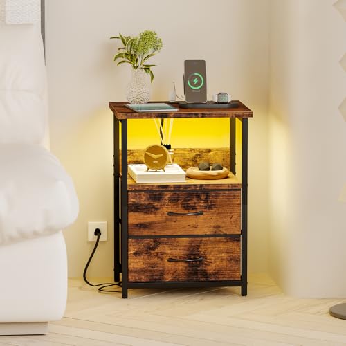 Fixwal Night Stand with Charging Station, LED Nightstand with U-S-B Ports and Outlets, 2 Fabric Storage Drawers with PU Finish, Bedside Table, Rustic Brown Fixwal