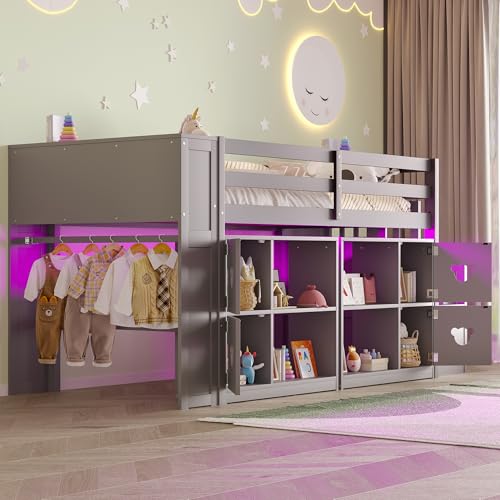 PVWIIK Twin Size Low Loft Bed with Storage Shelves & Headboard and Side Ladder,Sturdy Bed Frame w/Clothes Drying Rack,Festival Gifts,Grey PVWIIK