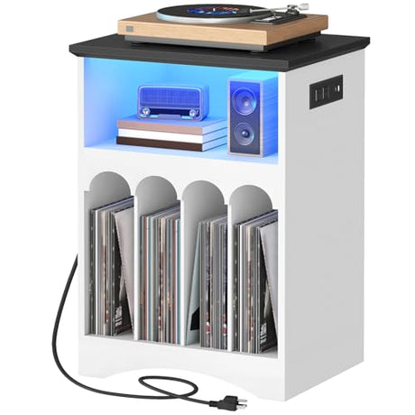 HOOBRO Farmhouse Record Stand with Charging Station and LED Lights, Compact Vinyl Storage Cabinet Holds Up to 230 Albums, Turntable Holder for Living Room, Bedroom, Black and White WB40UDRS01 HOOBRO