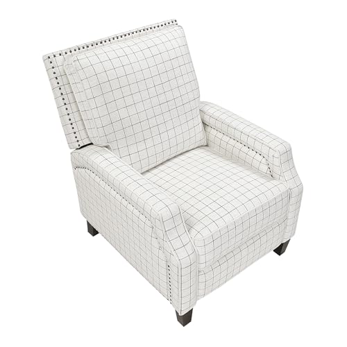 Lexicon Pushback Recliner Chair, Plaid Textured Fabric Armchair Push Back Reclining Chair, Nailhead Trim, Solid Wood Legs, Easy Assembly for Living Room/Office/Apartment, Off-White Lexicon