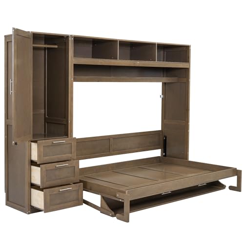 Harper & Bright Designs Full Size Murphy Bed with Wardrobe, Drawers and Open Shelves, Wooden Full Platform Bed, Hidden Foldable Bed Frame, Wall Bed for Home Office or Small Room,Antique Wood Harper & Bright Designs