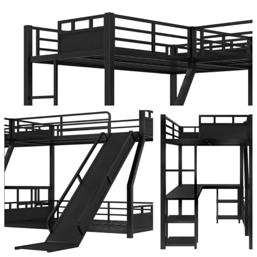 L-Shaped Metal Bunk Bed with Desk,Loft Bed with Storage Shelves,Metal Triple Bunk Bed with Slide, Space-Saving and Quiet Design, Black,(Top Bed: Twin,Bottom Bed: Full) (Twin and Full) Generic