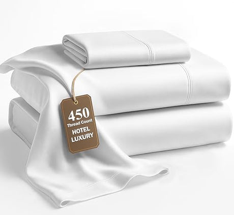 LANE LINEN 100% Cotton Sheets – 450 Thread Count Naturally Cooling Twin Sheets Set, Soft & Comfy Sateen Weave, Deep Pocket Fits 15” Mattress, Fade-Resistant Hotel Bedding, White LANE LINEN