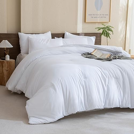 Paxrac Classic Pure White Comforter King Size, 3 Pieces Boho Comforter Set, Lightweight Solid Bedding Set, All Seasons Soft Breathable King Comforter Set (104x90In Comforter & 2 Pillowcases) Paxrac