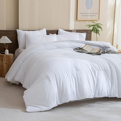 Paxrac Classic Pure White Comforter Queen Size, 3 Pieces Boho Comforter Set, Lightweight Solid Bedding Set, All Seasons Soft Breathable Queen Comforter Set (90x90In Comforter & 2 Pillowcases) Paxrac