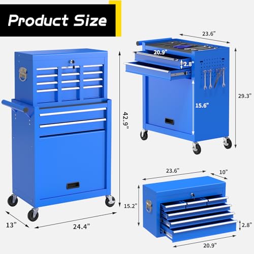 On Shine 8 Drawer Rolling Tool Chest, Large Capacity Rolling Tool Box with Wheels, Locking Mechanical Tool Chest, Portable Tool Box with Sliding Drawers,Metal Tool Box for Garage Workshop (Blue) On Shine