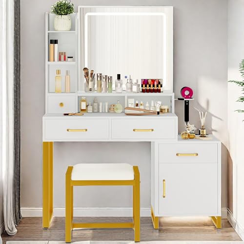 YITAHOME Vanity Desk with Mirror and Lights, Makeup Vanity Set with Power Outlet, Dressing Table with 3 Lighting Modes Brightness Adjustable, 4 Drawers, Cabinet, Stool, Bedroom, Ivory White - WoodArtSupply