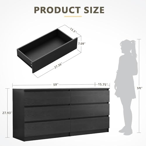 59'' Modern 6 Drawer Dresser, Black Dresser for Bedroom, Wide Chest of Drawers with Minimalist Design, Smooth Metal Slides & Sturdy Base, Wood Long Dresser, Double Drawer Dresser for Closet