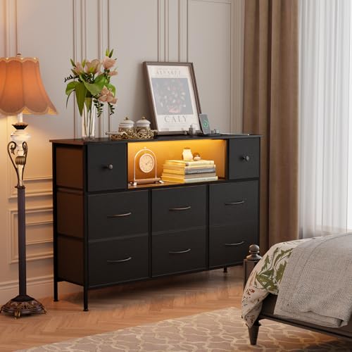 Fixwal Dresser for Bedroom with Power Outlets and LED Lights, Black 55" TV Stand with 8 Drawers, Fabric Chest of Drawers with PU Finish for Living Room, Entryway