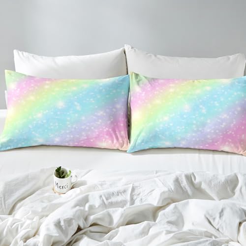 Erosebridal Rainbow Bedding Sets for Girls Kids Teens Tie Dye Pastel Bed Sheet Set King Size Golden Glitter Girly Sweet Sheet Set Abstract Watercolor Art Fitted Sheet + Flat Sheet + 2 Pillow Cases Erosebridal