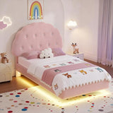 Lynxor Teddy Velvet Twin Size Bed Frame with LED Lights, Cookie Floating Platform Bed Frame, Adjustable Headboard and Elevated Footboard, Noise Free,Princess Room Upholstered Bed Frame, (Pink) Lynxor