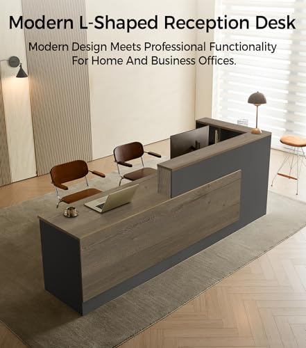 Modern L-Shaped Reception Desk with Counter - 71 Inches Front Desk with Storage Cabinet, Open Shelves, Lockable Drawer & Keyboard Tray for Office, Lobby, Checkout (Tobacco Wood & Iron Gray - Left) Anzhap