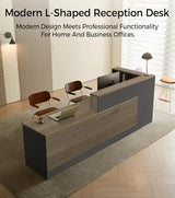 Modern L-Shaped Reception Desk with Counter - 71 Inches Front Desk with Storage Cabinet, Open Shelves, Lockable Drawer & Keyboard Tray for Office, Lobby, Checkout (Tobacco Wood & Iron Gray - Left) Anzhap