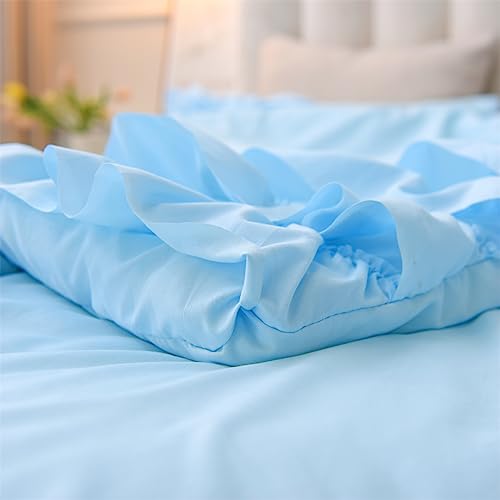 Holawakaka Light Blue Waterfall Ruffle Comforter Set, Full Size Shabby Chic Ruffled Bedding Set for Girls Women, Kids Teens Ruched Dorm Bed Set 3 Pieces Holawakaka