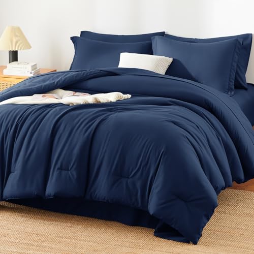 HIMEET Queen Comforter Set - 7 Pieces Bed in a Bag Queen Size, Luxury Comforter Set with Sheets for All Season, Bed Set with Comforter, Flat Sheet, Fitted Sheet, Pillowcases & Shams, Navy Blue HIMEET