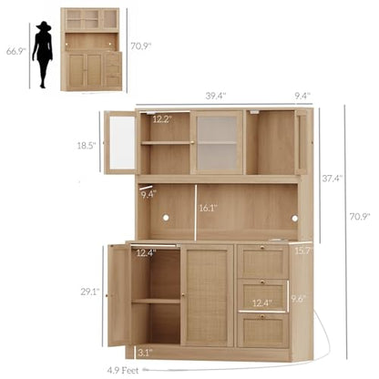 Irontar 70.9'' Kitchen Pantry Cabinet, Kitchen Hutch with Microwave Stand & Charging Station, Farmhouse Tall Storage Cabinet with Countertop, Bar Cabinet with Drawer and Glass Doors, Natural  - WoodArtSupply