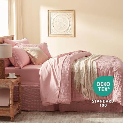 Laojin Balhen Twin Comforter Set 5 Pieces, Pink Seersucker Bed in a Bag Set Twin Size, All Season Luxury Bedding Sets with Comforter, Sheets, Pillowcase & Sham Laojin Balhen