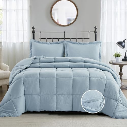 HIG Pre Washed Down Alternative Comforter Set Twin - Reversible Chic Quilt Design - Box Stitched with 4 Corner Tabs - Lightweight for All Season - Blue Duvet Comforter with 2 Pillow Shams HIG
