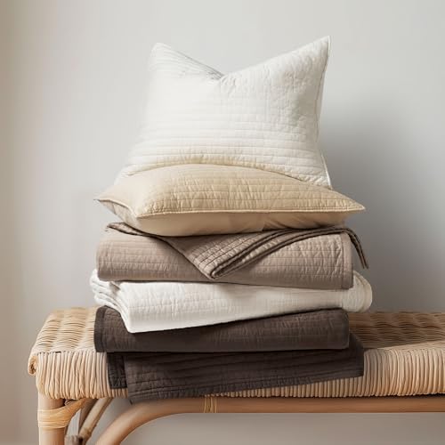 EVERGRACEHOME Cotton Sateen Quilt Set King Size, Pre-Washed Cotton Channel Stitch Coverlet Bedspread, 3 Pieces Lightweight Soft Bedding Sets for All Season, with 2 Pillow Shams, Stone Taupe EVERGRACEHOME
