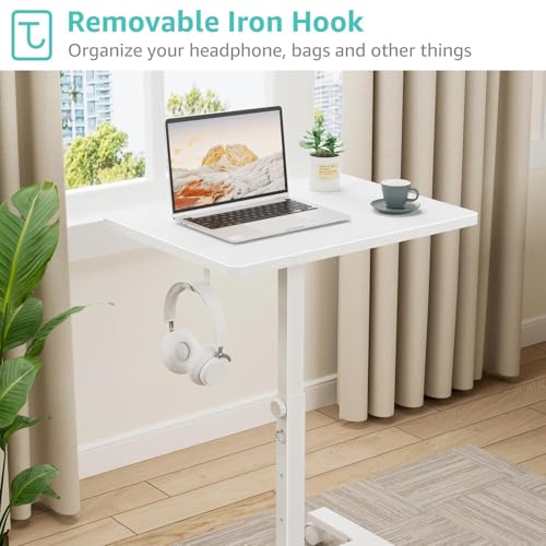 WINAZ Small White Standing Rolling Desk - 24 Inch Portable Mobile Stand Up Kids Desk Adjustable Height with Wheels for Small Spaces, Couch Laptop Desks Side End Table for Home Office, White WINAZ