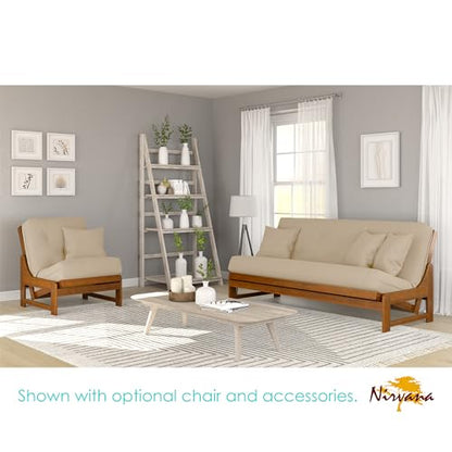 Arden Futon Set - Full Size Futon Frame with Mattress Included (8 Inch Thick Mattress, Twill Khaki Color), Heavy Duty Wood, Popular Sofa Bed Choice