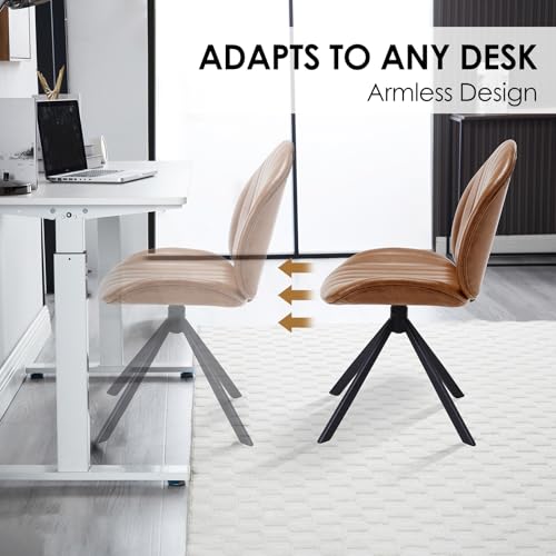 Relbiety 19" Faux Leather Swivel Office Chair No Wheels, Upholstered Armless Modern Desk Task Criss Cross Chair Legged No Wheels and No Arms, Swivel Vanity Chairs for Bedroom Office, Brown Relbiety
