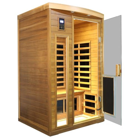 2 Person Low EMF Infrared Sauna for Home, Red Cedar Wood Far Infrared Saunas, 1750watt Indoor Personal Sauna Room with Door Heating Panels, Blue-tooth, 7-Color Chromotherapy Lights, 2 Outdoor Lamps Kanlanth