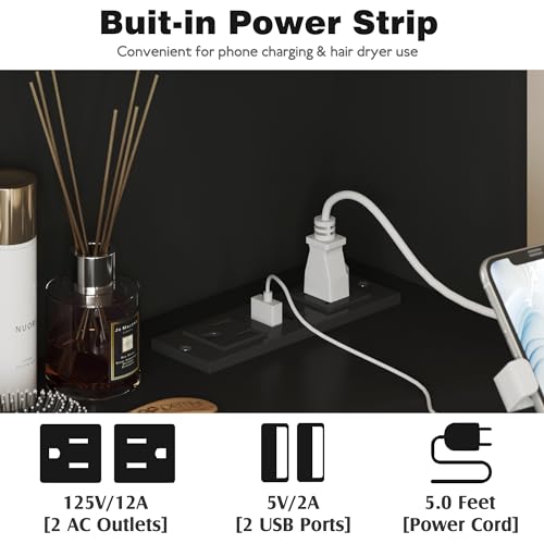 YESHOMY Vanity Desk with Mirror, Power Outlet and 10 Lights, Makeup Table with 7 Drawers, 3 Color Modes Available for Bedroom, Pure Black YESHOMY