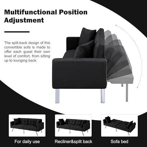 74" Futon Sofa Bed,Convertible Sleeper Couch with Adjustable Backrest and Pillows, Comfy Velvet Cloud Sofa Loveseat,Modern Loveseat for Living Room and Bedroom（Black） Jum Blueemo
