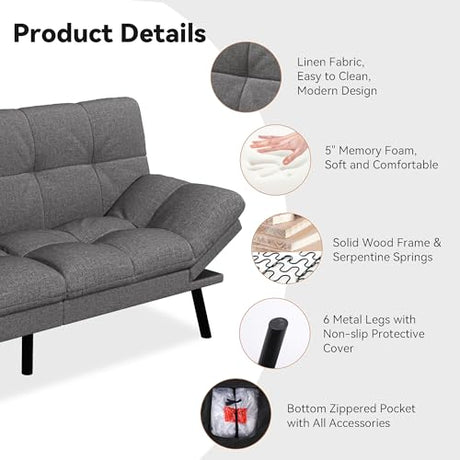 AMICLIBER Convertible Futon Sofa Bed,71" Memory Foam Futon Couch,Detachable Cushion,Adjustable Backrest & Armrest,Linen Modern Loveseat Sleeper Recliner for Living Room,Office,Apartment,Mist Grey AMICLIBER