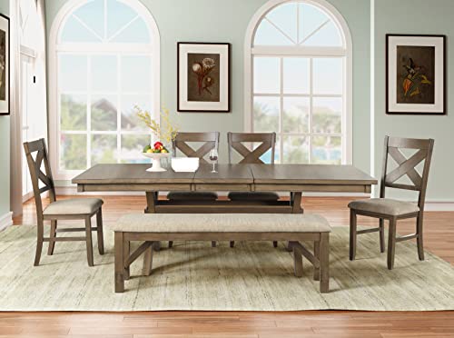 Roundhill Furniture Raven Wood 6-Piece Set, Extendable Trestle Dining Table with 4 Chairs and Bench, Glazed Pine Brown - WoodArtSupply