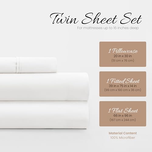 Linen Market Brushed Microfiber Twin Sheet Set 3 Piece – Oeko-TEX Certified Ultra Soft & Wrinkle-Free - 16" Deep Pocket Sheets - Easy Care Twin Size - White Linen Market