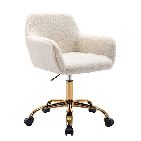 KCC Faux Fur Office Desk Chair, Comfy Swivel Armchair with Wheels, Upholstered Fuzzy Vanity Chair, Adjustable Height, White KCC