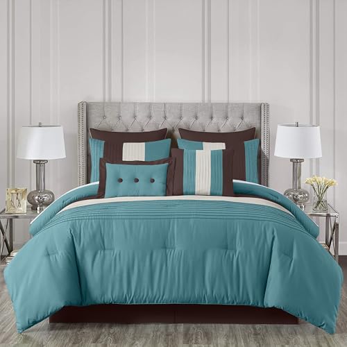 Chezmoi Collection Loft 8-Piece Luxury Striped Comforter Set (King, Blue/Beige/Chocolate Brown) Chezmoi Collection