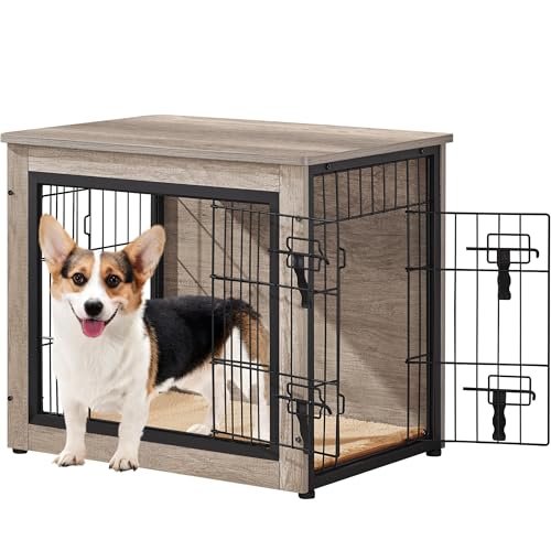 Yaheetech 27.5'' Dog Crate Furniture with Cushion Wooden Dog Crate with Double Doors/Adjustable Feet Side End Table for Small/Medium Dogs, Greige Yaheetech